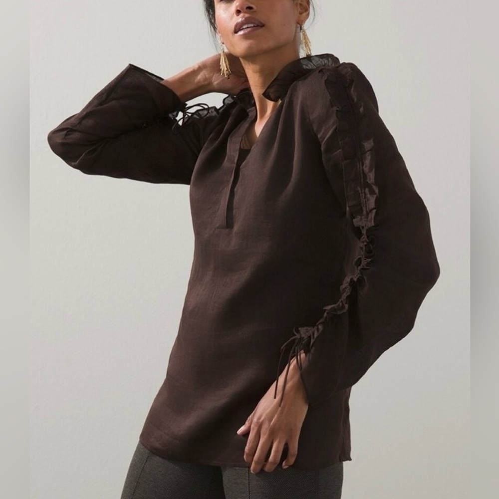 Chicos Brown Long Sleeve Blouse w/Rouched Sleeve Detail-Size 2 (Women's Large)